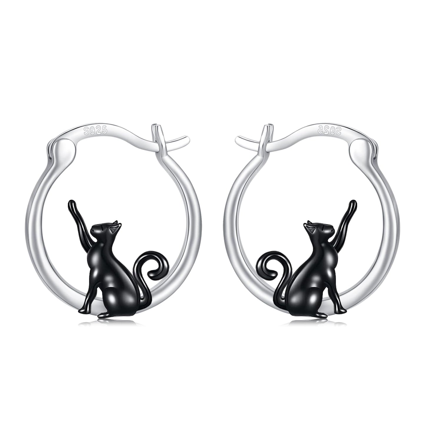 Black Cat Earrings for Women Girls 925 Sterling Silver Hypoallergenic Cute Hoop Earrings for Sensitive Ears Jewelry Graduation Gifts for Cat Lovers
