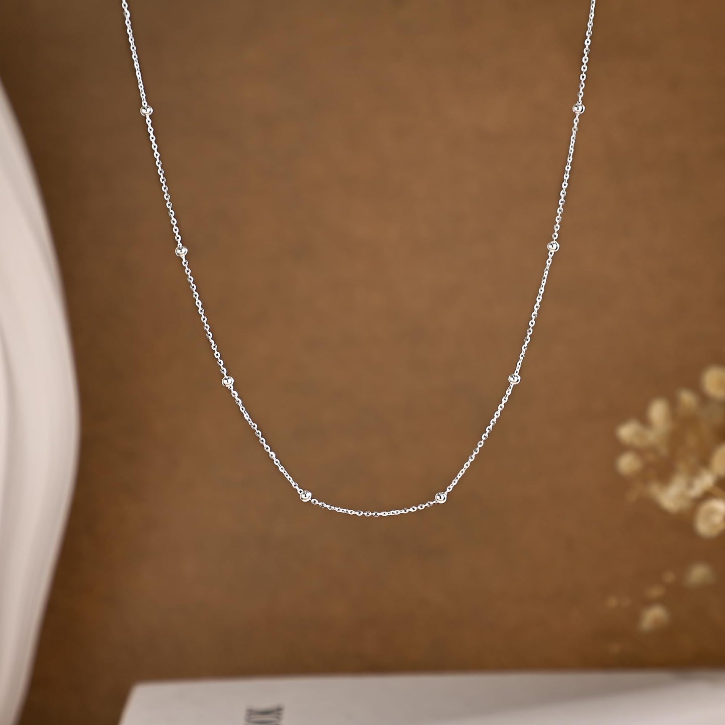MBW 925 Sterling Silver Necklace for Women, Sterling Silver Beaded Chain Dainty Thin Choker Necklaces for Women Trendy Minimalist White Link Chains Necklace Waterproof Simple Small Cute Jewelry