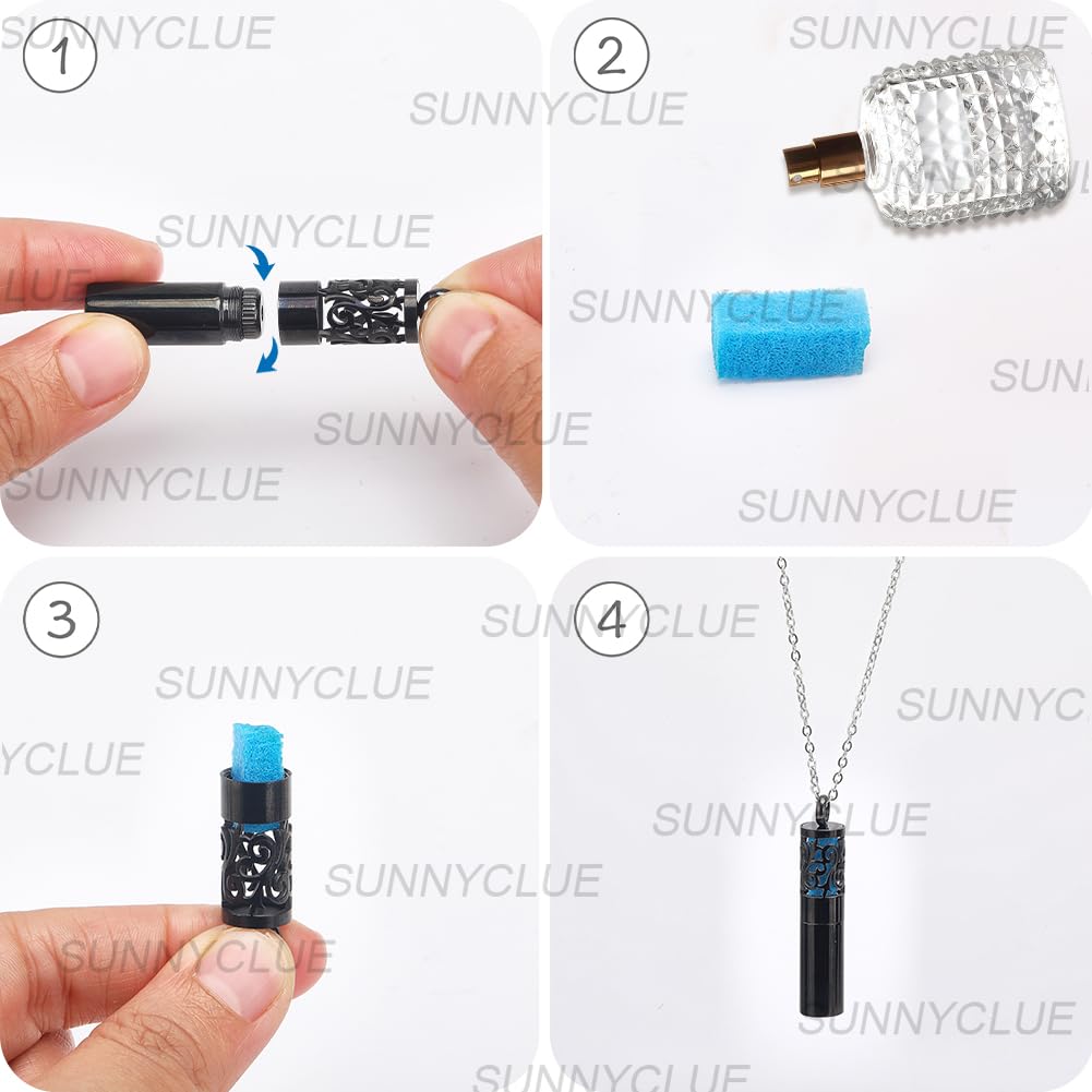 SUNNYCLUE 1 Box 1Pc Aromatherapy Necklace Essential Oil Necklace with 10Pcs Refill Pads Black 304 Stainless Steel Hollow Cloud Bottle Locket Pendant Diffuser Jewelry for Women Men Adults Gifts
