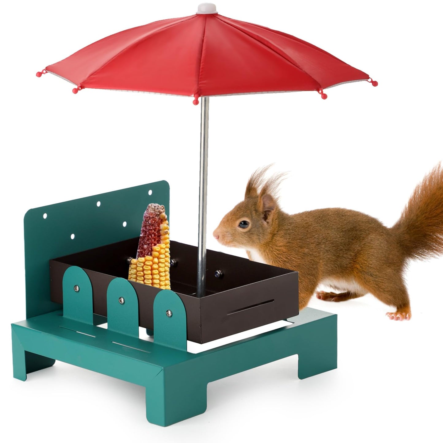 Ewenono Squirrel Picnic Table Feeder with Umbrella – Metal Squirrel Feeder for Outdoors, Large Food Tray & Corn Cob Holder, Funny Picnic Table for Wildlife, Tree-Mount Squirrel Table Feeding Station