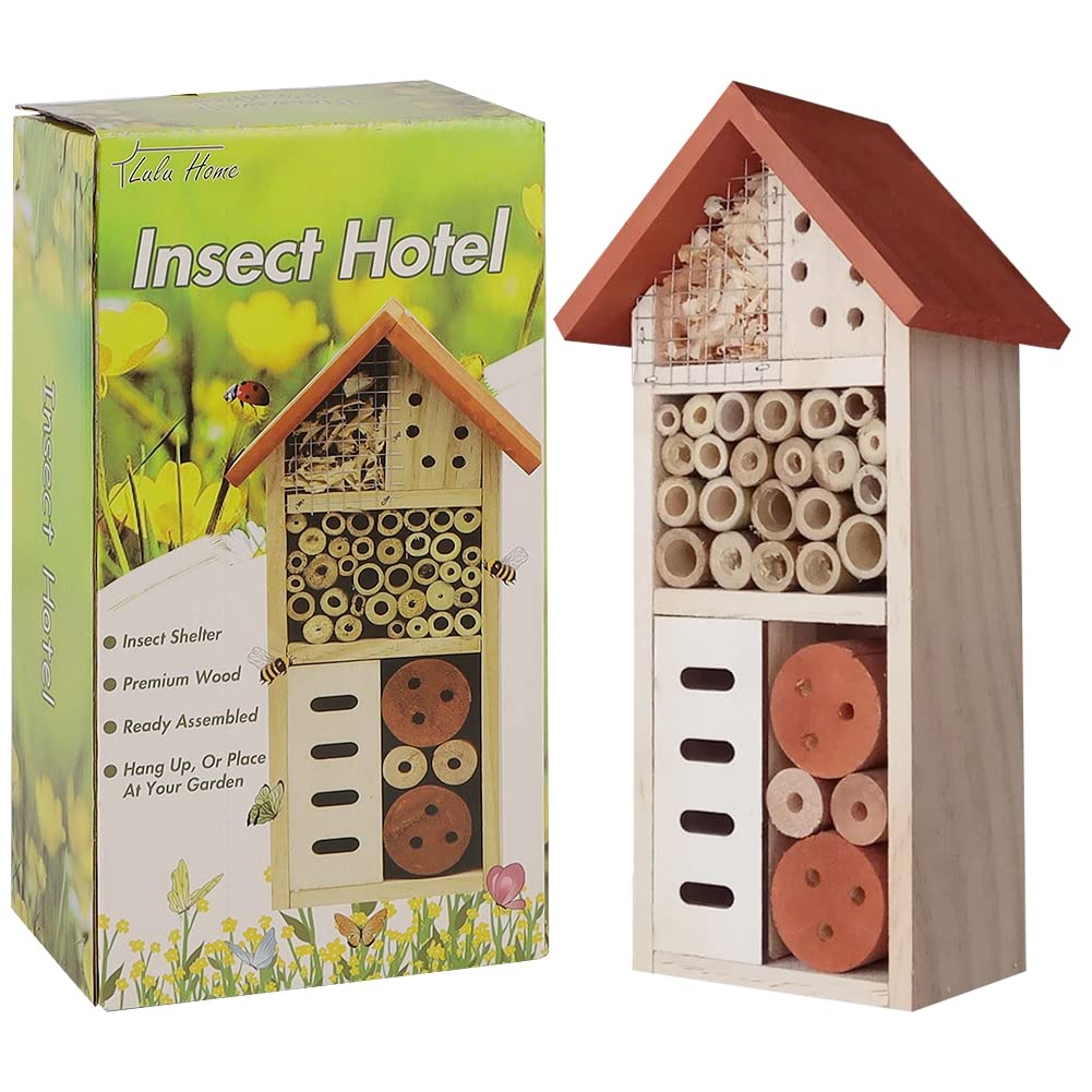 Lulu Home Wooden Insect House, Hanging Insect Hotel for Bee, Butterfly, Ladybirds, Beneficial Insect Habitat, Bug Hotel Garden, 10.4 X 3.4 X 5.4 Inch