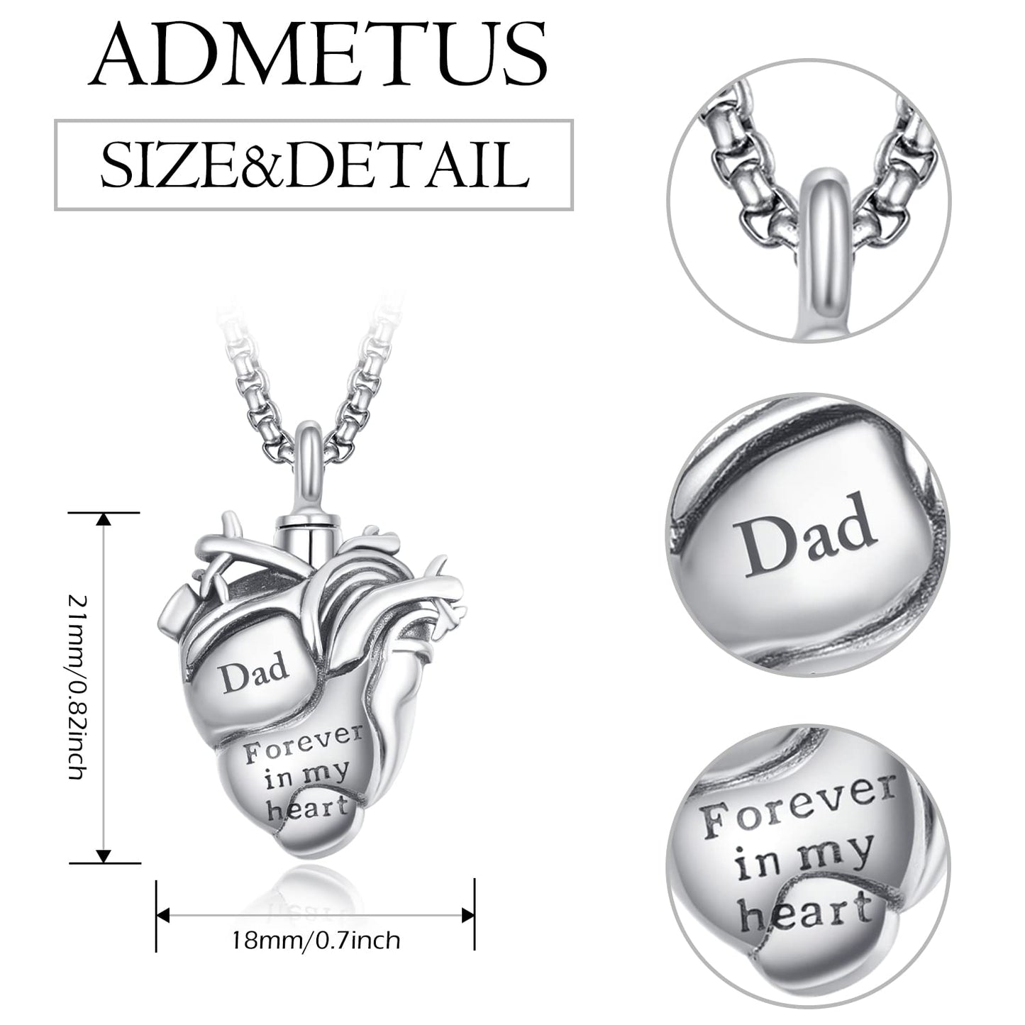 Anatomical Heart Urn Necklaces for Ashes Sterling Silver Ash Pendants Cremation Jewelry Dad Keepsake Pendant Memorial Jewelry Gifts for Loss of Dad