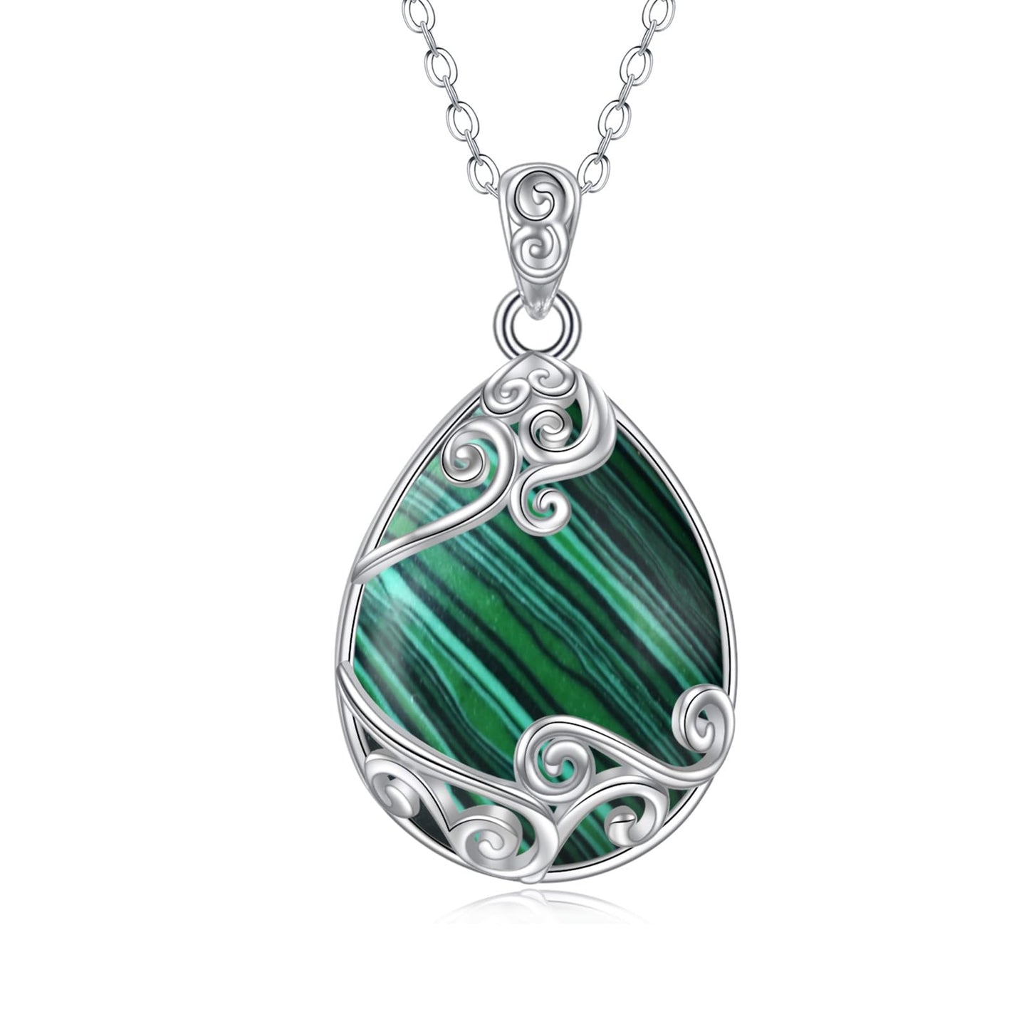 YAFEINI Malachite Necklace for Women 925 Sterling Silver Filigree Teardrop Pendant Necklace Jewelry for Women (TT-Malachite Filigree Necklace)