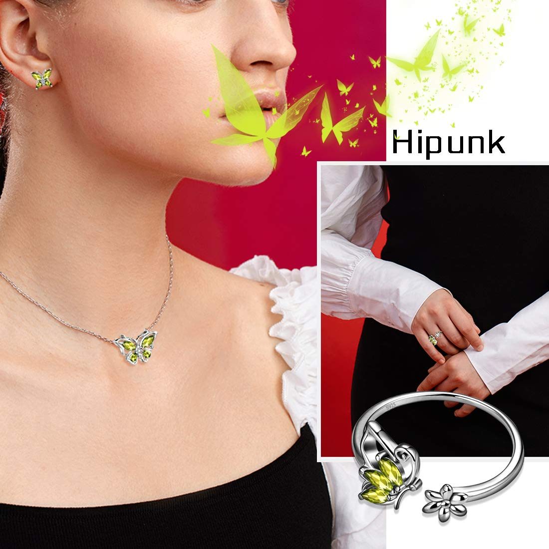 Hipunk Butterfly Green Jewelry Sets Birthstone Women 925 Sterling Silver August-Peridot Birth Stone Animal Butterflies Jewelry Sets/Earring/Ring Set Crystal Birthday Jewelry SS0002A