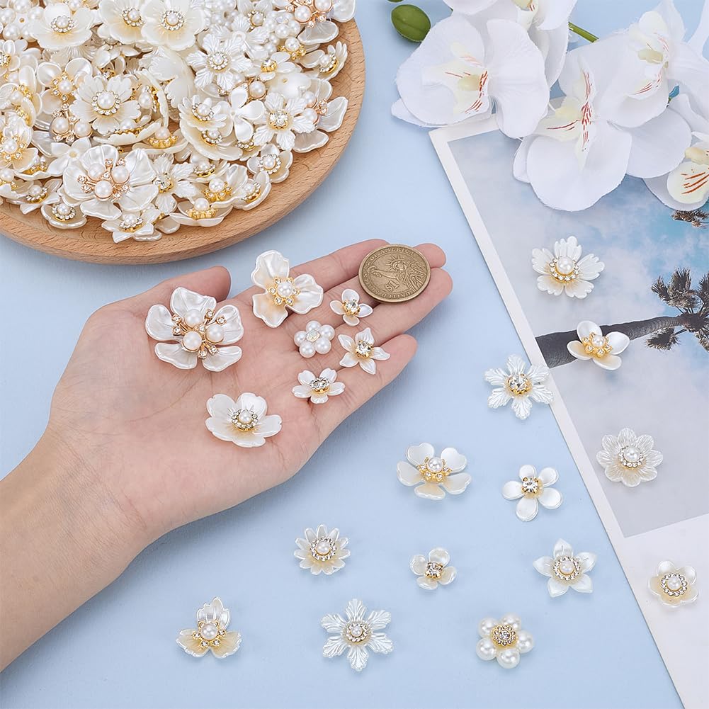 PLIGREAT 140 Pcs Rhinestone Buttons, Pearl Buttons Flat Back Flower Rhinestone Button Embellishments for Crafts Jewelry Making DIY Wedding Party Hair Bouquet Clothes Bags Home Decoration, 20 Styles