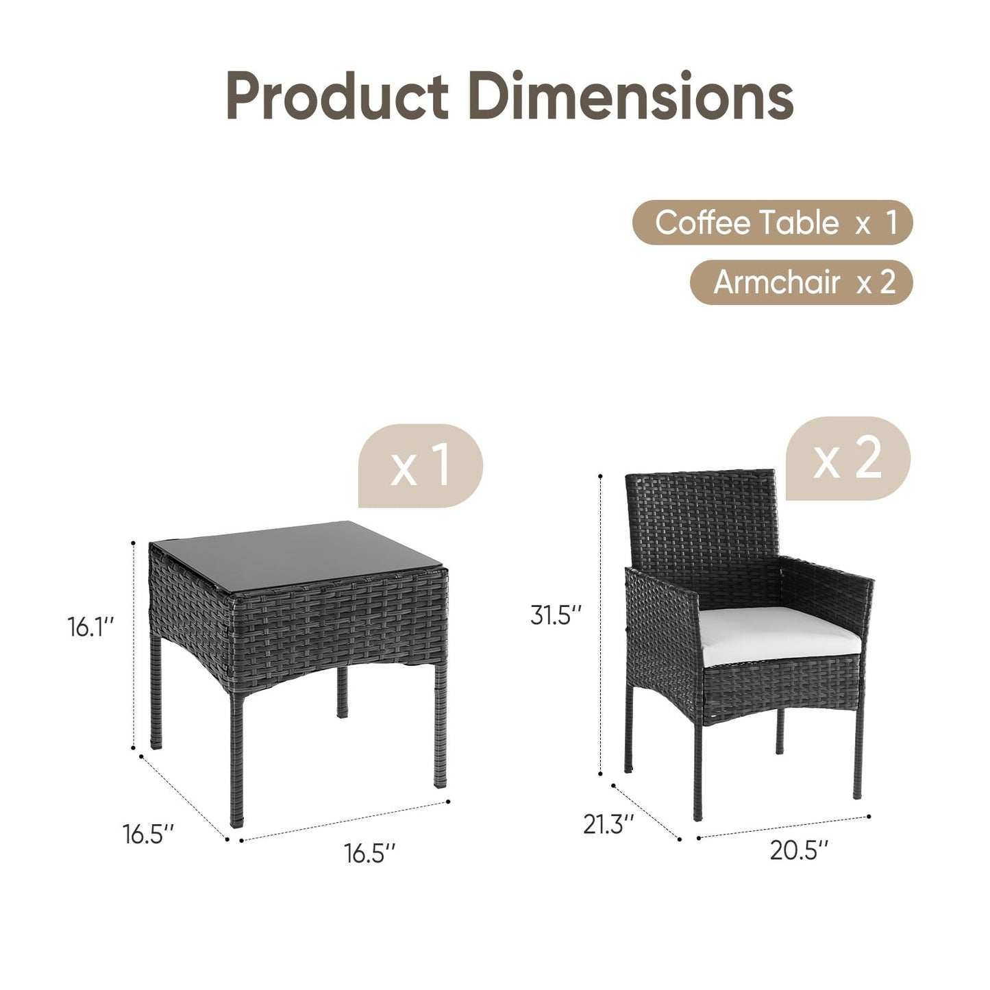 DUMOS 3-Piece Patio Furniture Set, All-Weather Outdoor Wicker Chairs with Removable Cushions & Tempered Glass Table, Small Bistro Set for Porch, Balcony, Lawn, Backyard, Black