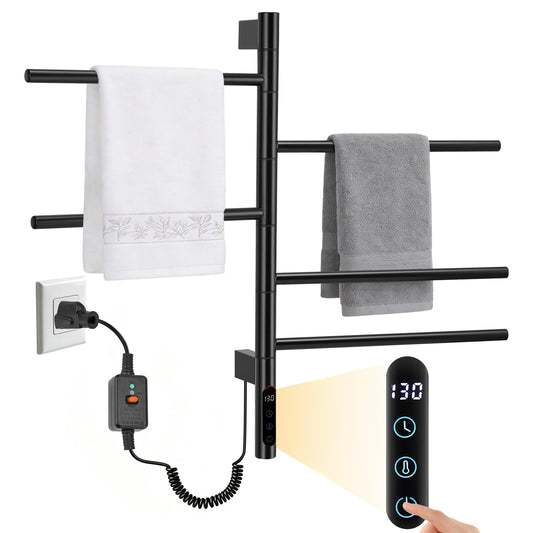 Swivel Heated Towel Rack, 180° Rotating, 5 Bars, Wall-Mounted, Electric Towel Warmer with Touch Panel, 1H-9H Timer, Temperature Regulation for Bathroom, Home, Salons and Spas