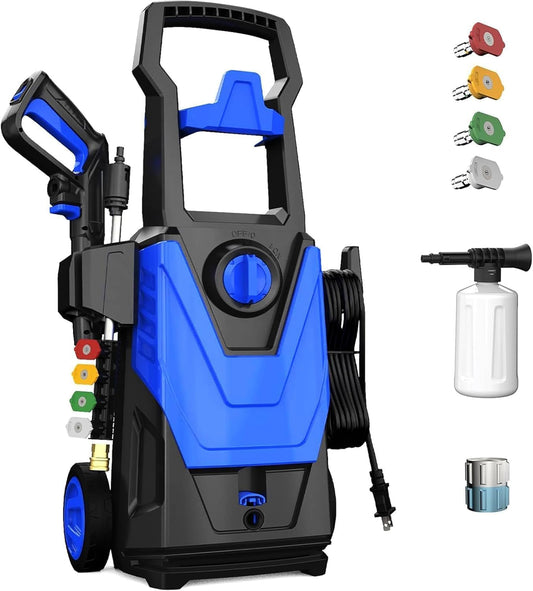 Pressure Washer 4 Wheels with Anti-Tipping Technology, Soap Tank 4 Nozzles for Patios Cars Home