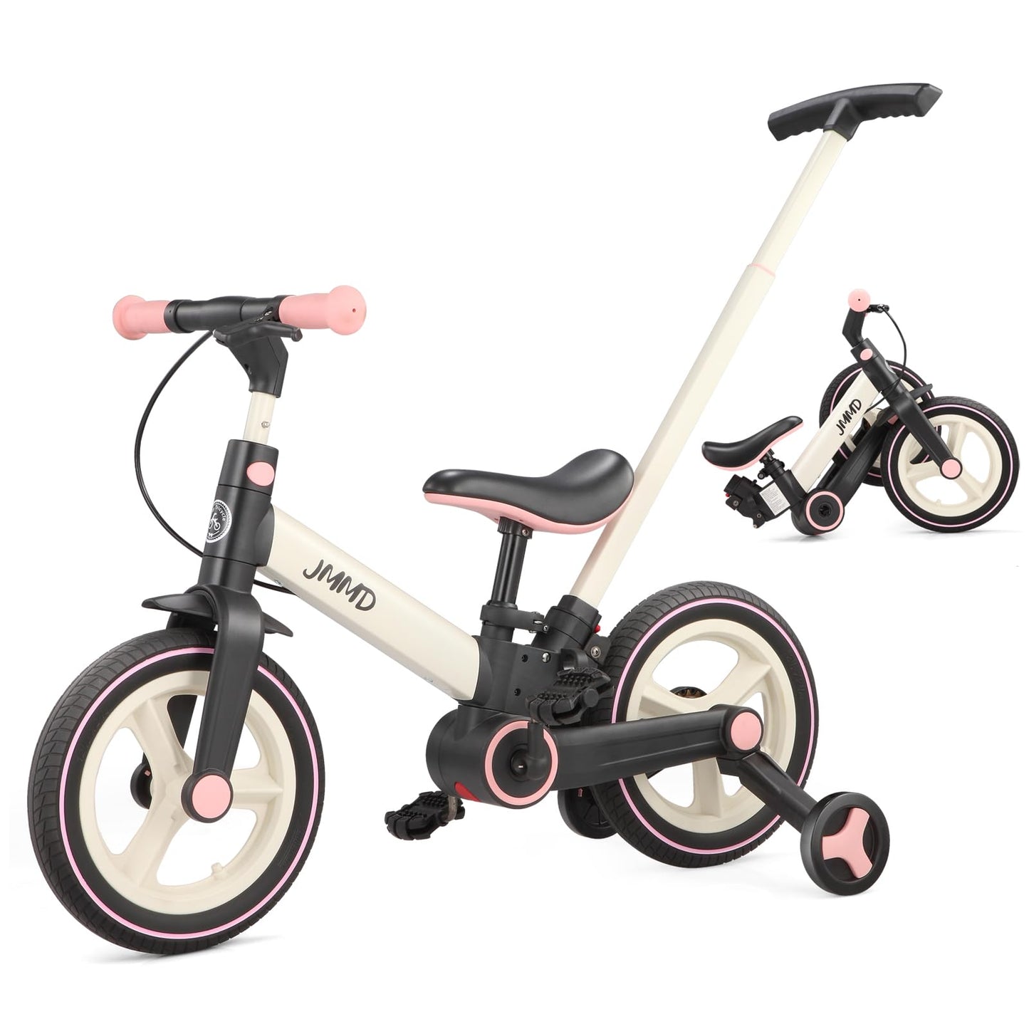 JMMD 6 in 1 Toddler Bike with Push Handle for Kids 18-60 Months, 12" Foldable Balance Bike with Training Wheels, Pedals, Brakes, Kickstand, Push Tricycle Toddler Gift & Toys for Boy & Girl