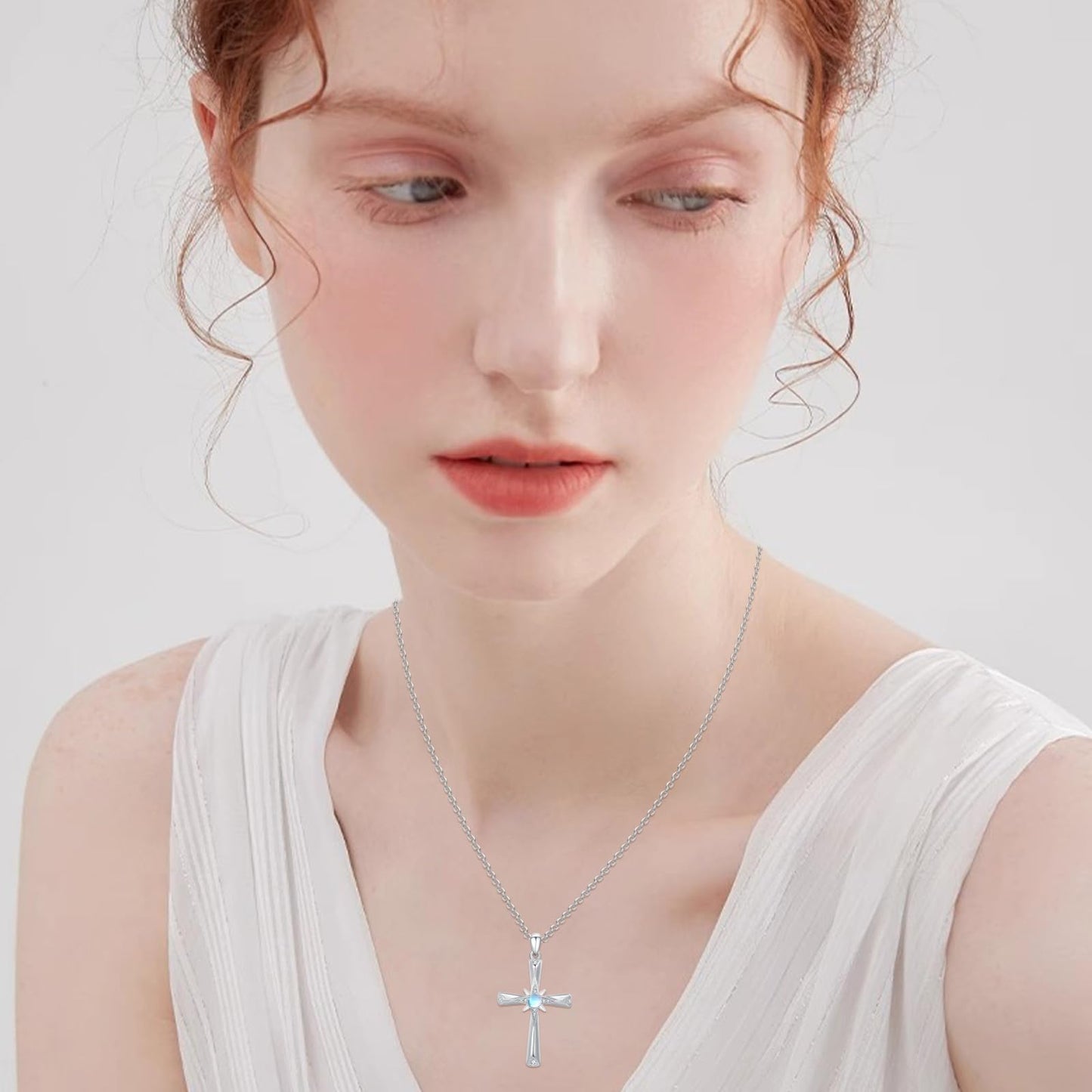Silikepa Cross Necklace for Women 925 Sterling Silver Star Cross Pendant Necklace with Moonstone Christian Jewelry Gift for Women