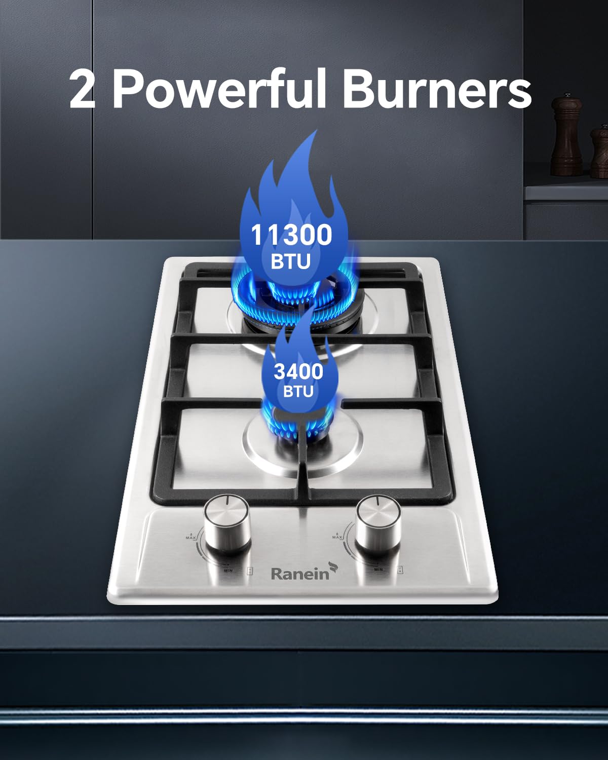 2 Burner Gas Cooktop – Stainless Steel Built-in Gas Stove for Apartment & Small Kitchen, LPG/NG Convertible, Easy Installation, Compact Size