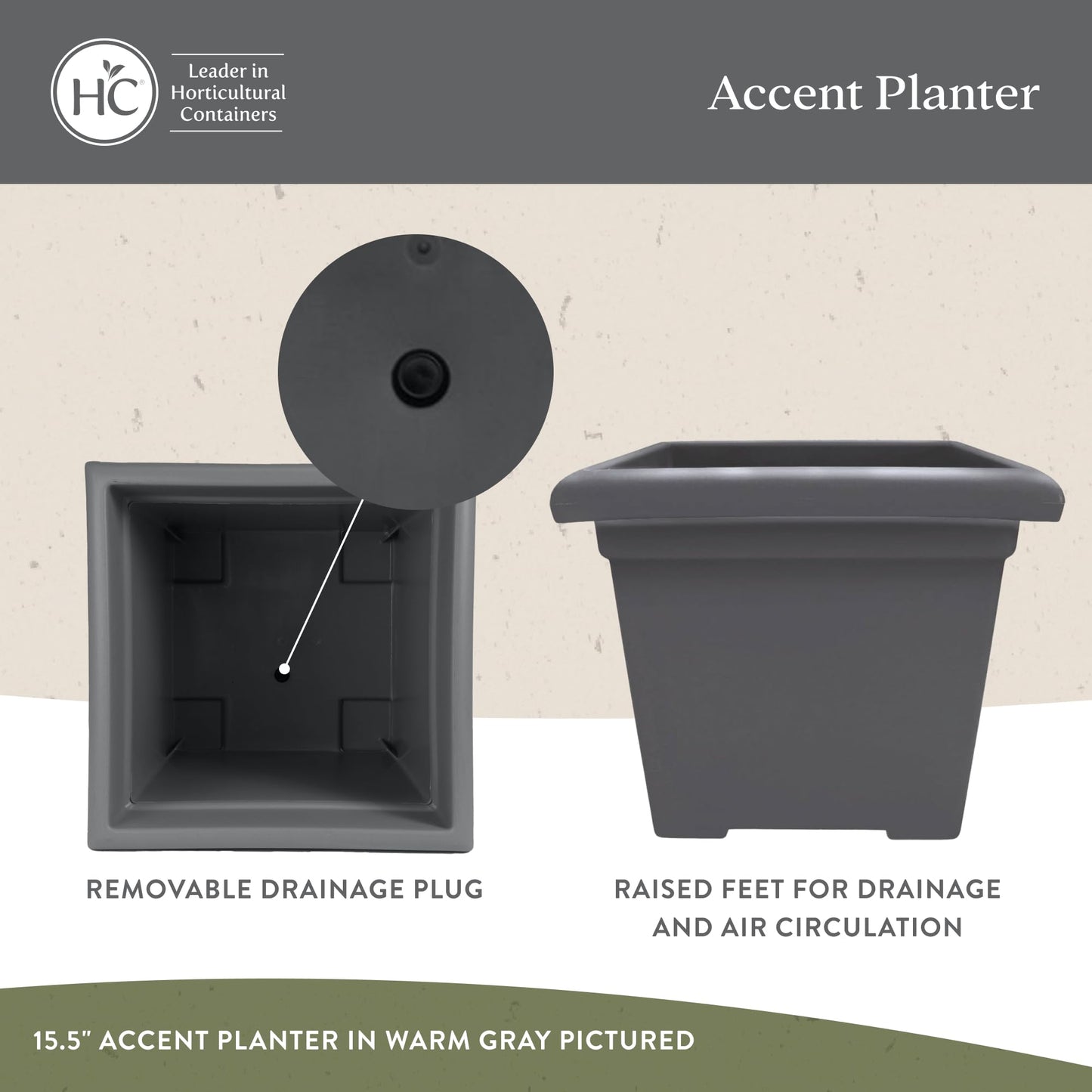 The HC Companies Accent Square Plant Pot w/Drainage - Classic Planters for Outdoor Plants & Indoor Plants - Lightweight & UV-Resistant Square Planter Box (15.5”, Chocolate, Pack of 1)