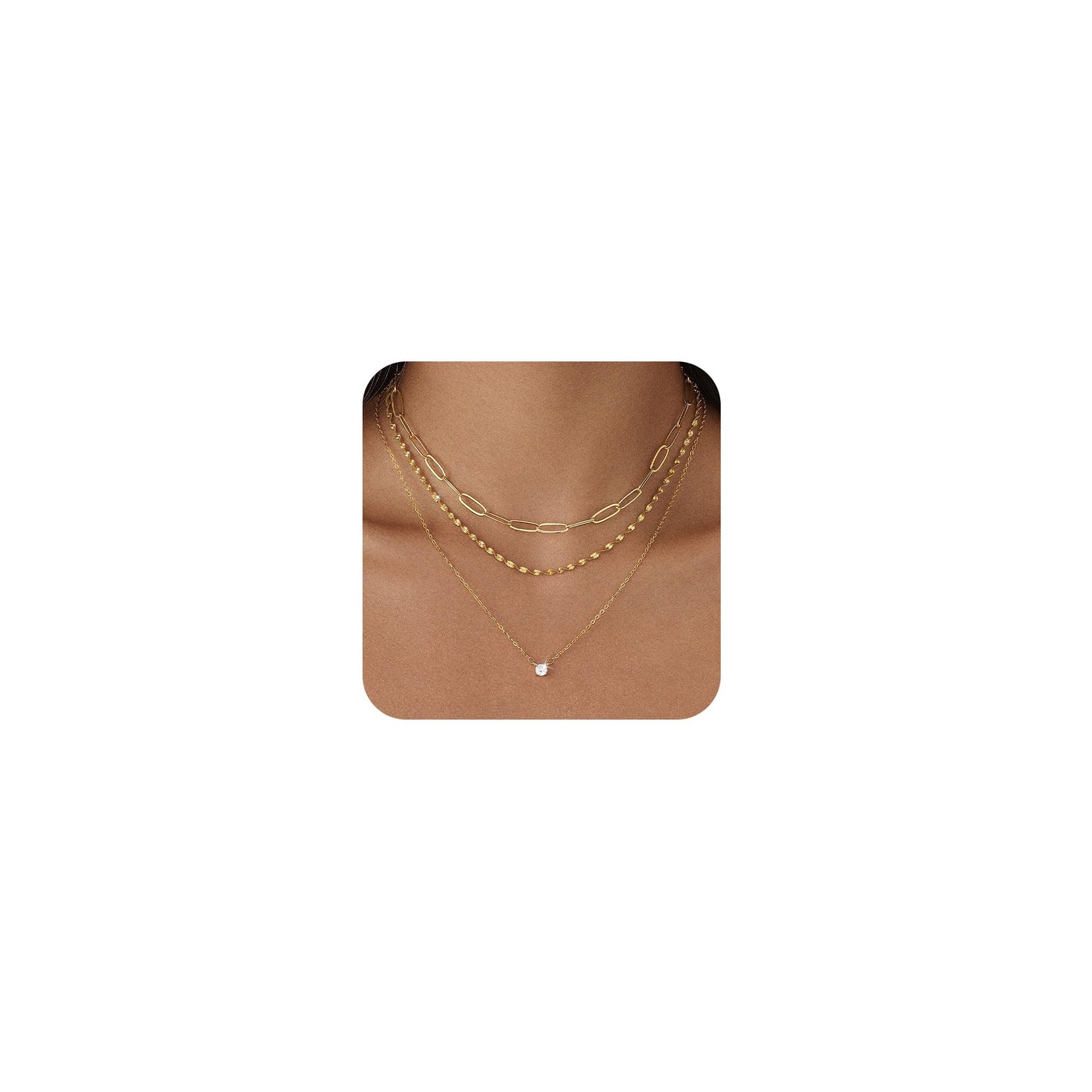 Hothrty Layered Gold/Silver Necklaces for Women 14K Gold Plated CZ Pendant Paperclip Choker Necklace Set Diamond Necklace Stack Trendy Simple Jewelry Gifts