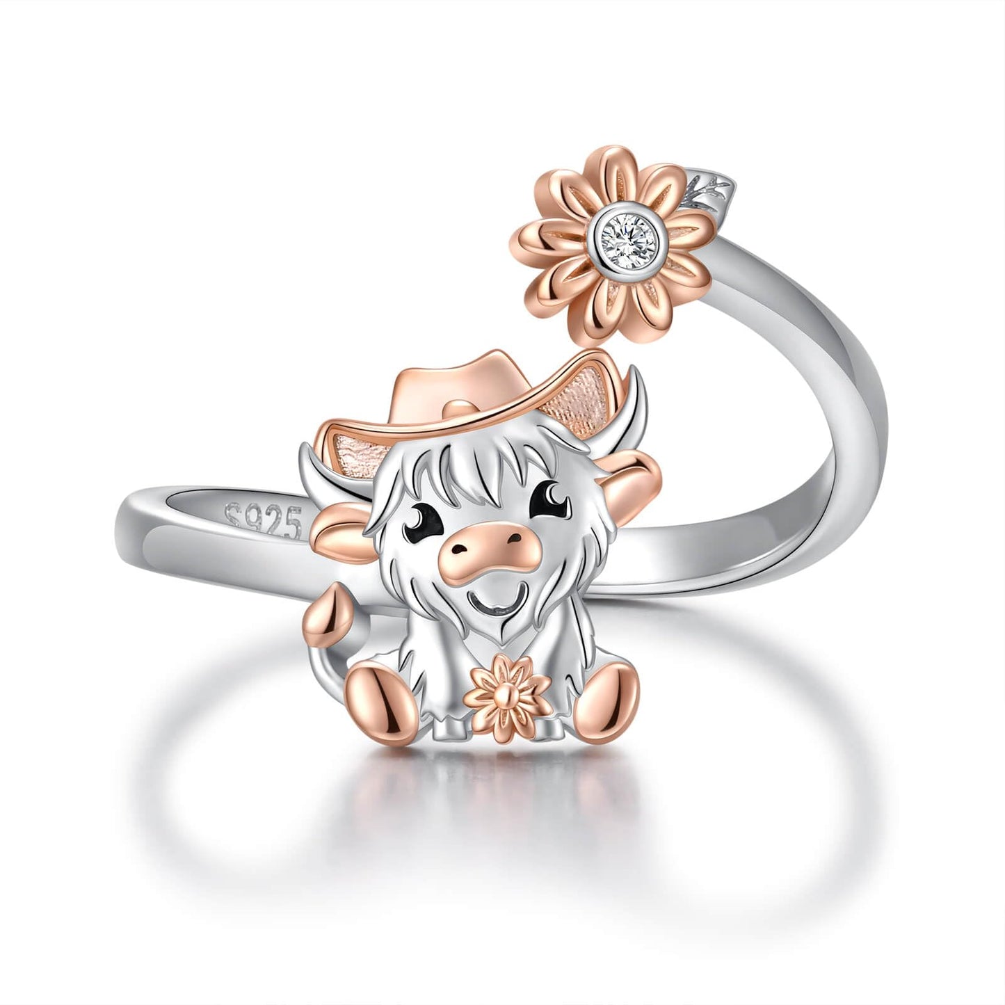 Zepmais 925 Sterling Silver Animal Ring - Adjustable Open Owl Axolotl Rings with Heart Cubic Zirconia Opal Cute Animals Jewelry Gifts for Women (Highland Cow)