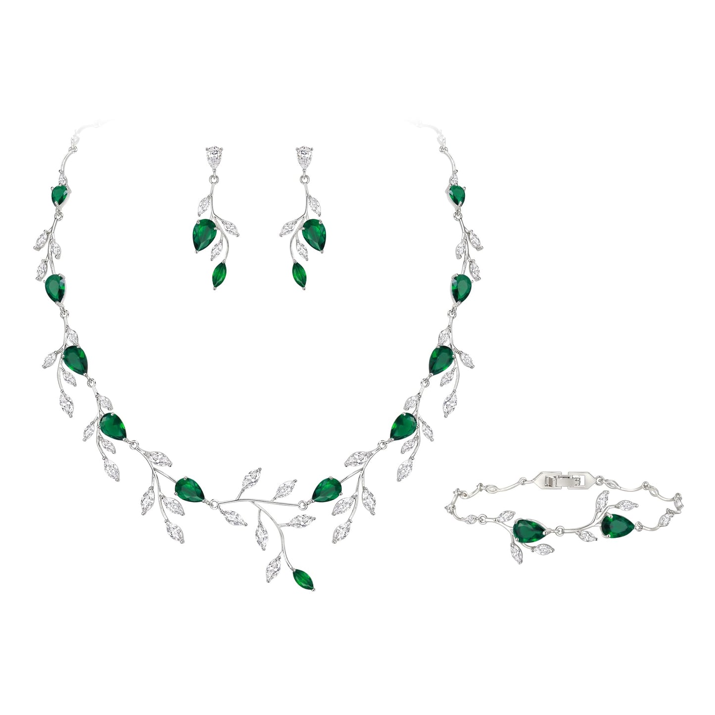 EVER FAITH Wedding Prom Jewelry Set for Women, Sparkly Green CZ Pear-Shaped May Birthstone Leaf Necklace Dangle Earrings Tennis Bracelet Sets for Party