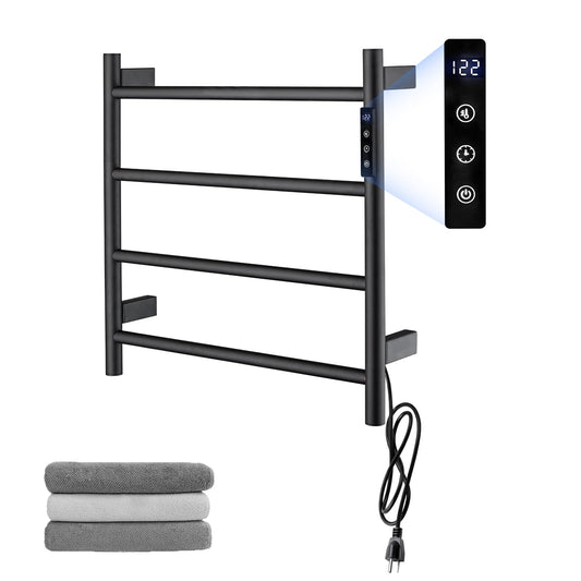 Heated Towel Racks,4 Bars Towel Warmer Rack for Bathroom, Wall Mounted Electric Towel Warmer with Timer, Plug-in/Hardwired Towel Dryer Rack Matte Black