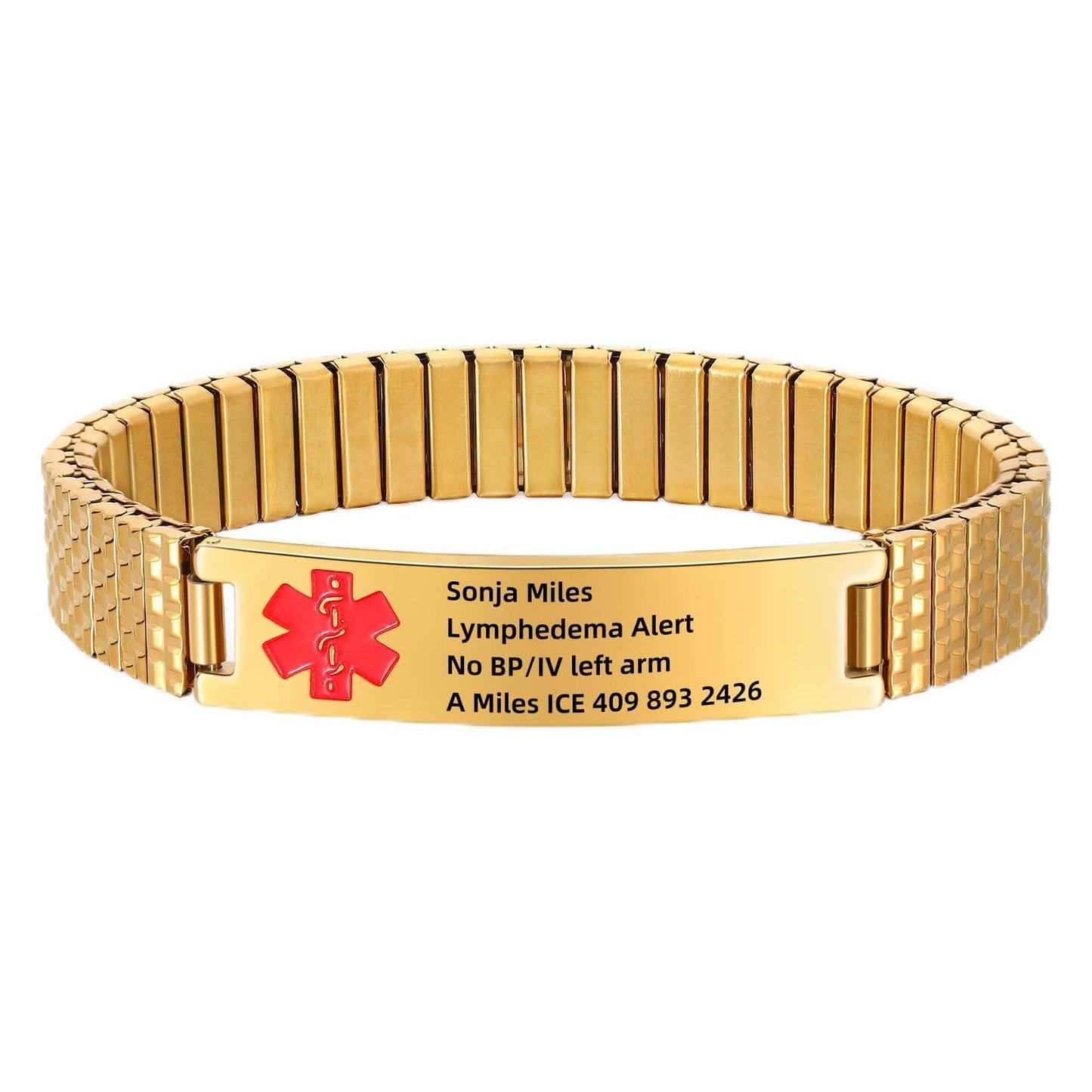 Personalized Medical ID Bracelets for Men - Custom Emergency Alert Bracelet for Women Engraved Medic Info Elastic Stainless Steel Bracelets for Family Autism Allergy Diabetic Epilepsy (Gold, 19.5cm)