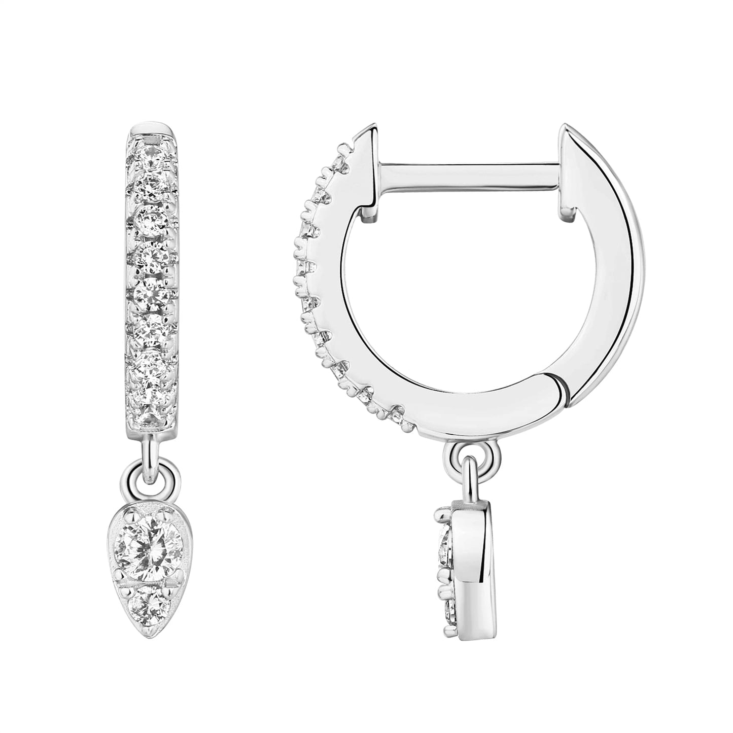 PAVOI Rhodium Plated 925 Sterling Silver Post Dangle Huggie Hoop Earrings For Women - Trendy Tear Drop Shaped Cubic Zirconia Hoop Earrings - Small Hinged Huggies