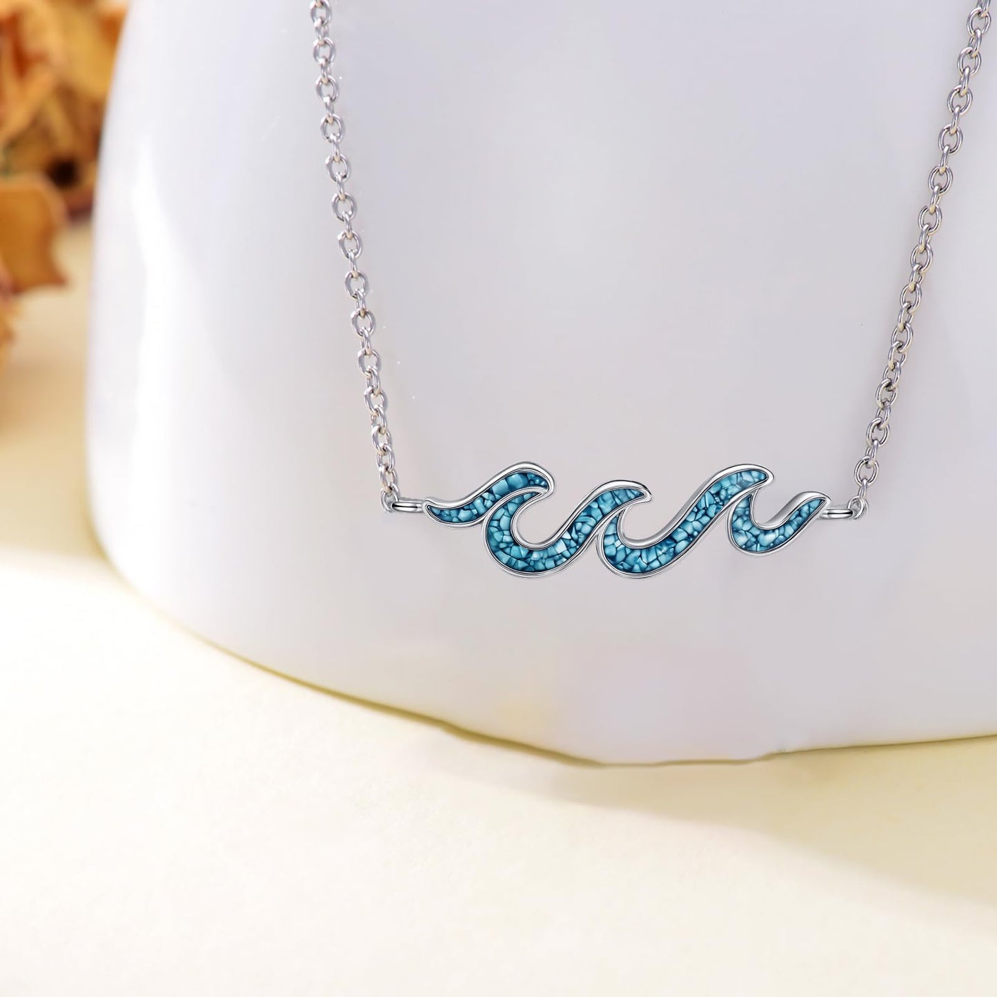 HKPATOP Wave Necklace 925 Sterling Silver Turquoise Wave Pendant Necklace Ocean Jewelry Gifts for Women