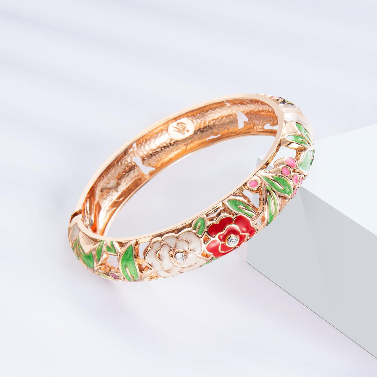 UJOY Women Cloisonne Bracelet Multi-Colors Gold Plated Rhinestone Flower Hollowed Enameled Hinged Cuff Bangles Jewelry Gift 88A10-3PCS Cream White