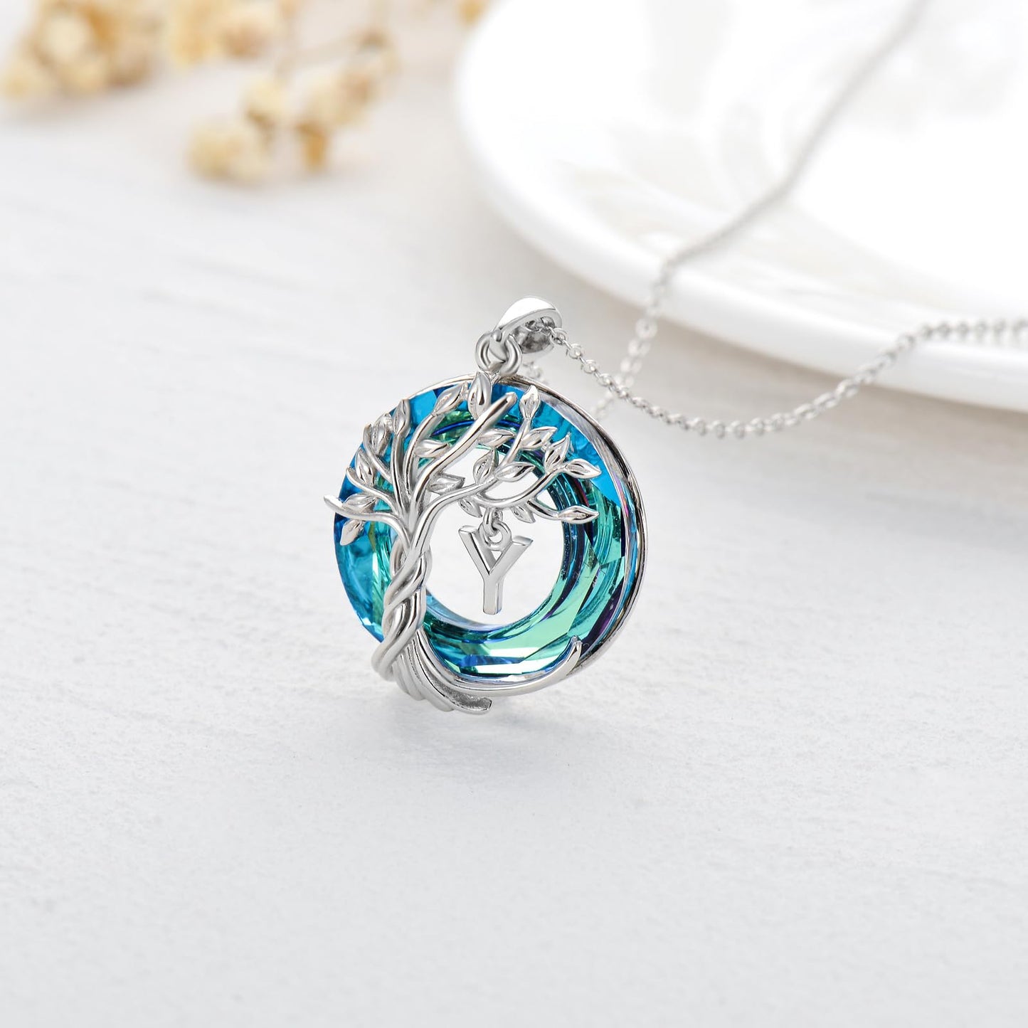 TOUPOP Tree of Life Initial Necklace Gifts for Women Sterling Silver Initial Y Letter Jewelry Irish Crystal Pendant Birthday Gifts for Women Her Mom Wife Daughter