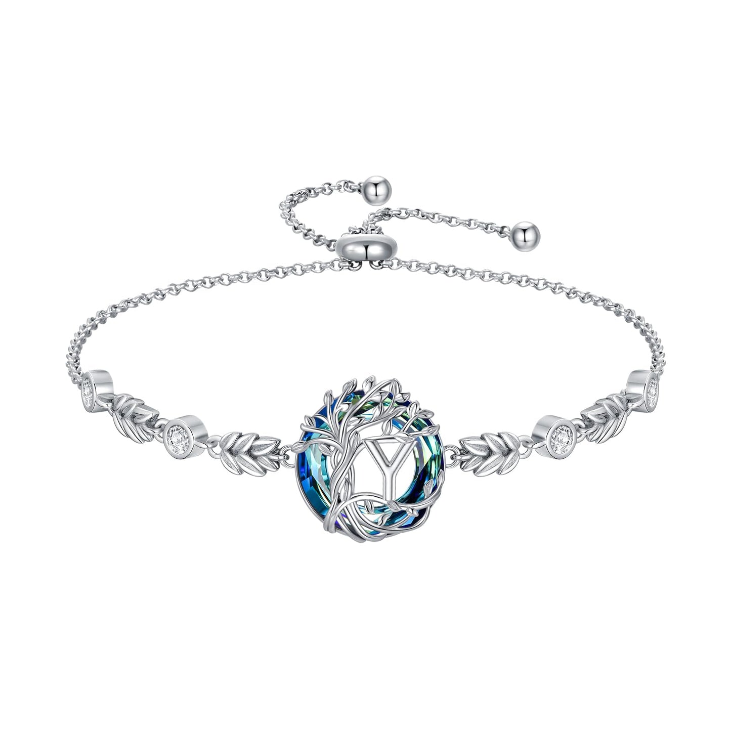 TOUPOP Tree of Life Initial Bracelet Sterling Silver Initials Y Letter Link Bracelets Blue Circle Crystal Family Tree Birthday Mothers Day Jewelry Gifts for Women Mom Wife