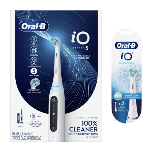 Oral-B iO Series 5 Luxe Bundle, (1) iO5 Electric Toothbrush with (3) Ultimate Clean Brush Heads and (1) Travel Case, White