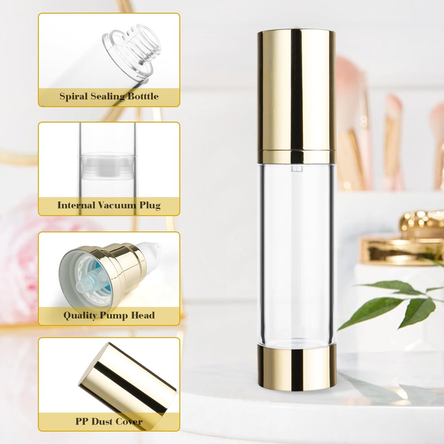 4 Pack 50ml/1.7oz Clear Airless Pump Bottle Plastic Vacuum Pump Press Container Empty Lotion Dispenser for Cream Toiletries Liquid Foundation Cosmetic Sample Travel - Gold