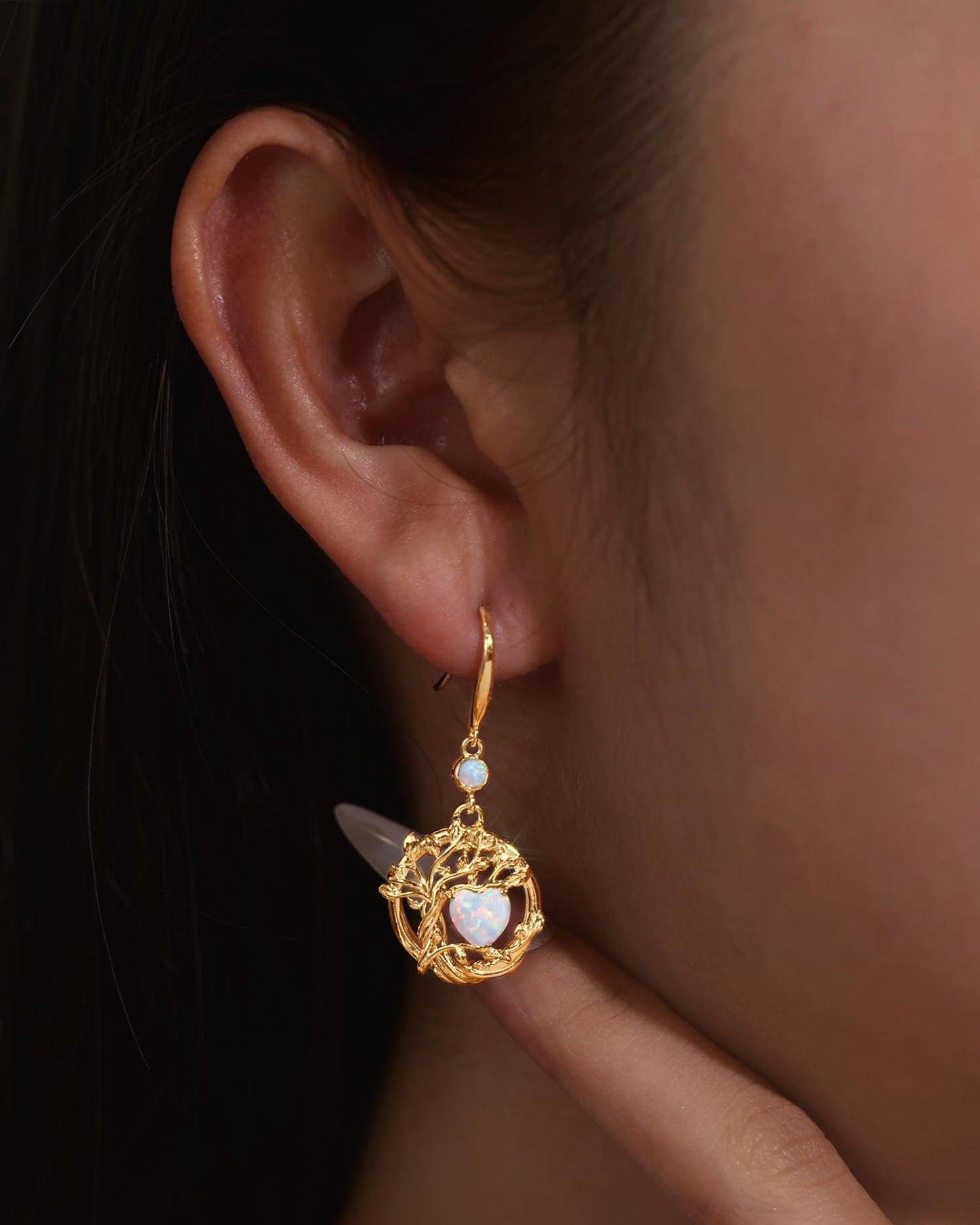 FANCIME Tree of Life Earrings 925 Sterling Silver Yellow Gold Plated Opal Dangle Drop Gemstone Earring October Birthstone Fine Jewelry Birthday Mothers Day Gifts for Mom Her Women