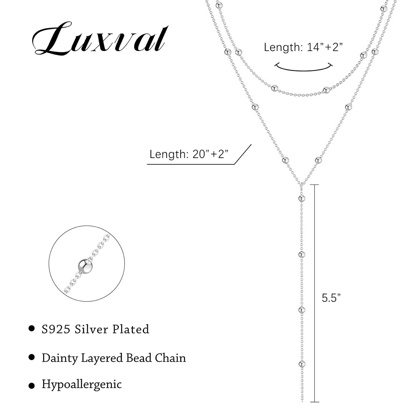 Luxval Silver Necklace for Women Dainty Silver Plated Layered Necklaces for Women Trendy Lariat Beaded Long Necklace Simple Jewelry Gift Wedding