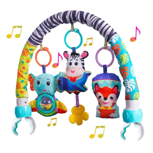 Baby Stroller Arch Mobile With Universal Clamps - Clip-On Activity Bar for Bassinet, Bouncer, Crib, Car Seat - Musical Infant Toys With Elephant Squeaker and Zebra Rattle