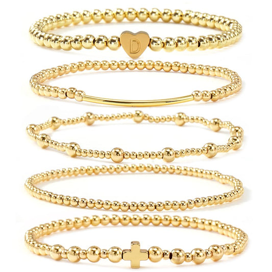 14K Gold Cross Beaded Initial Bracelet Stack for Women,Dainty Stretch Gold Plated Letter “D” Stackable Bracelets Bohemian Layered Prom Party Accessories Jewelry Gift Friendship