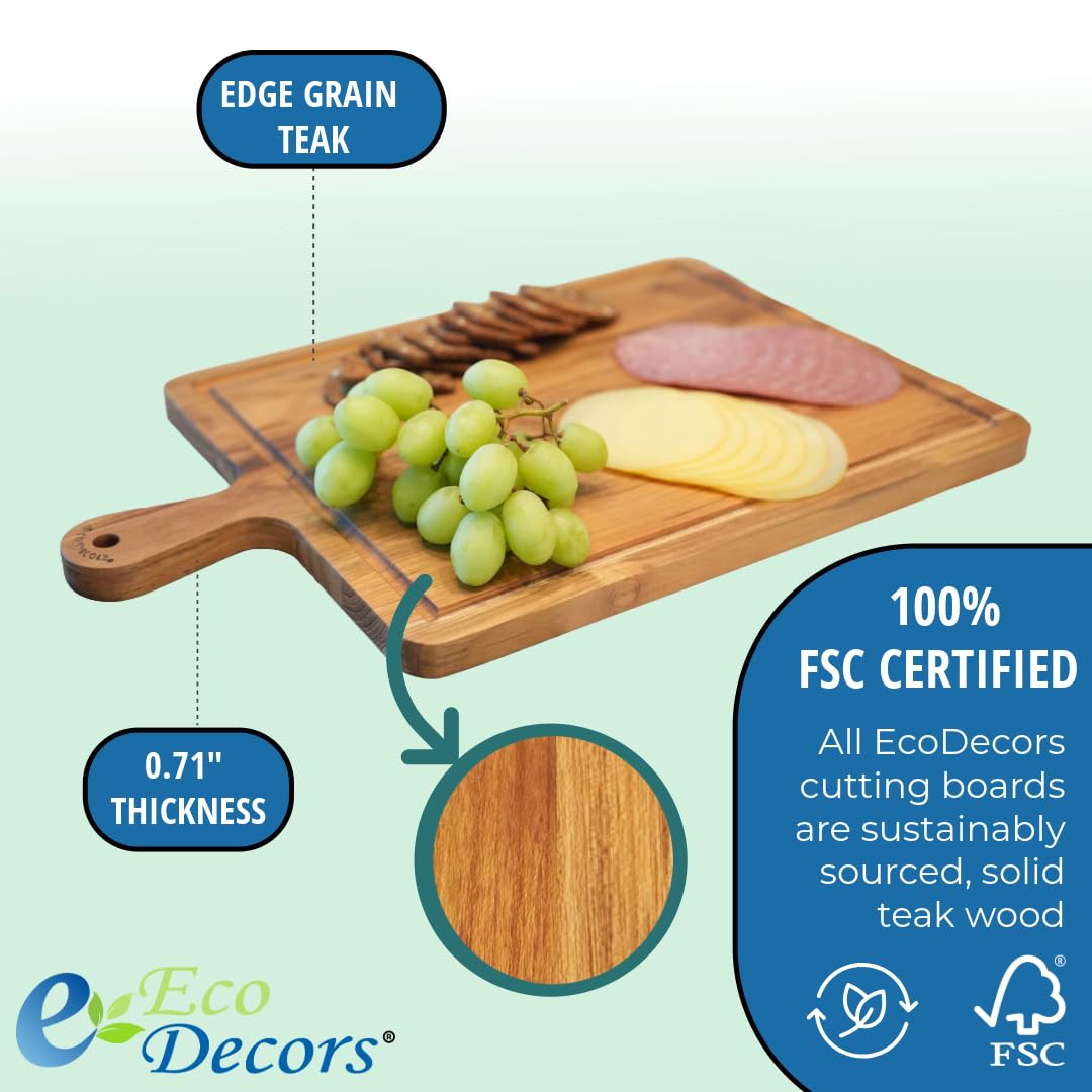 EcoDecors 3 Piece Teak Cutting Board Set with Handles, FSC Certified Edge Grain, Prep and Serving Boards for Kitchen