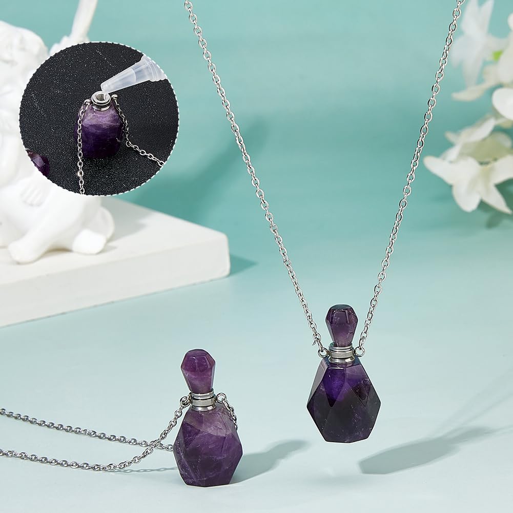 SUPERFINDINGS 2Pcs Perfume Bottle Necklace Essential Oil Diffuser Necklace Purple Natural Amethyst Perfume Bottle Pendant with 304 Stainless Steel Chain Gemstone Vial Pendant for Woman Men