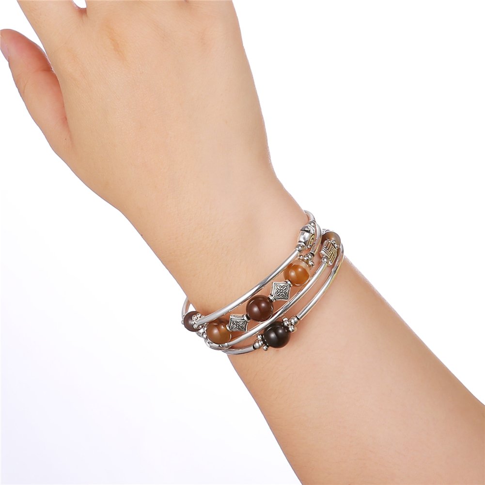Beaded Pearl Bangle Wrap Bracelet - Fashion Bohemian Jewelry Multilayer Charm Bracelet with Thick Silver Metal Beads, Gift For Women(Brown)