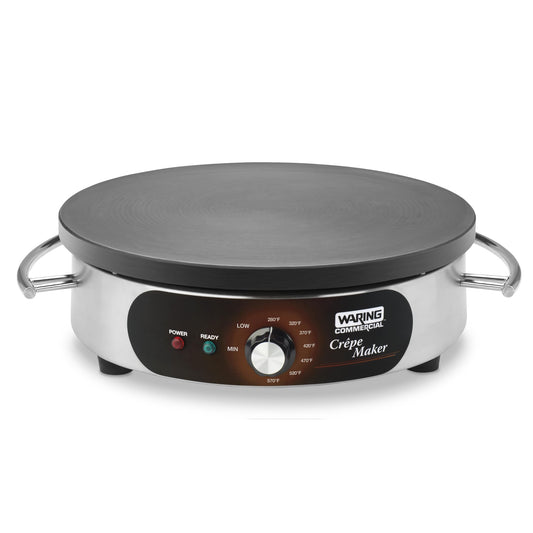 Waring Commercial WSC160X 16" Electric Crepe Maker, Cast Iron Cooking Surface, Stainless Steel Base, Includes Batter Spreader and Spatula, 120V, 1800W, 5-15 Phase Plug