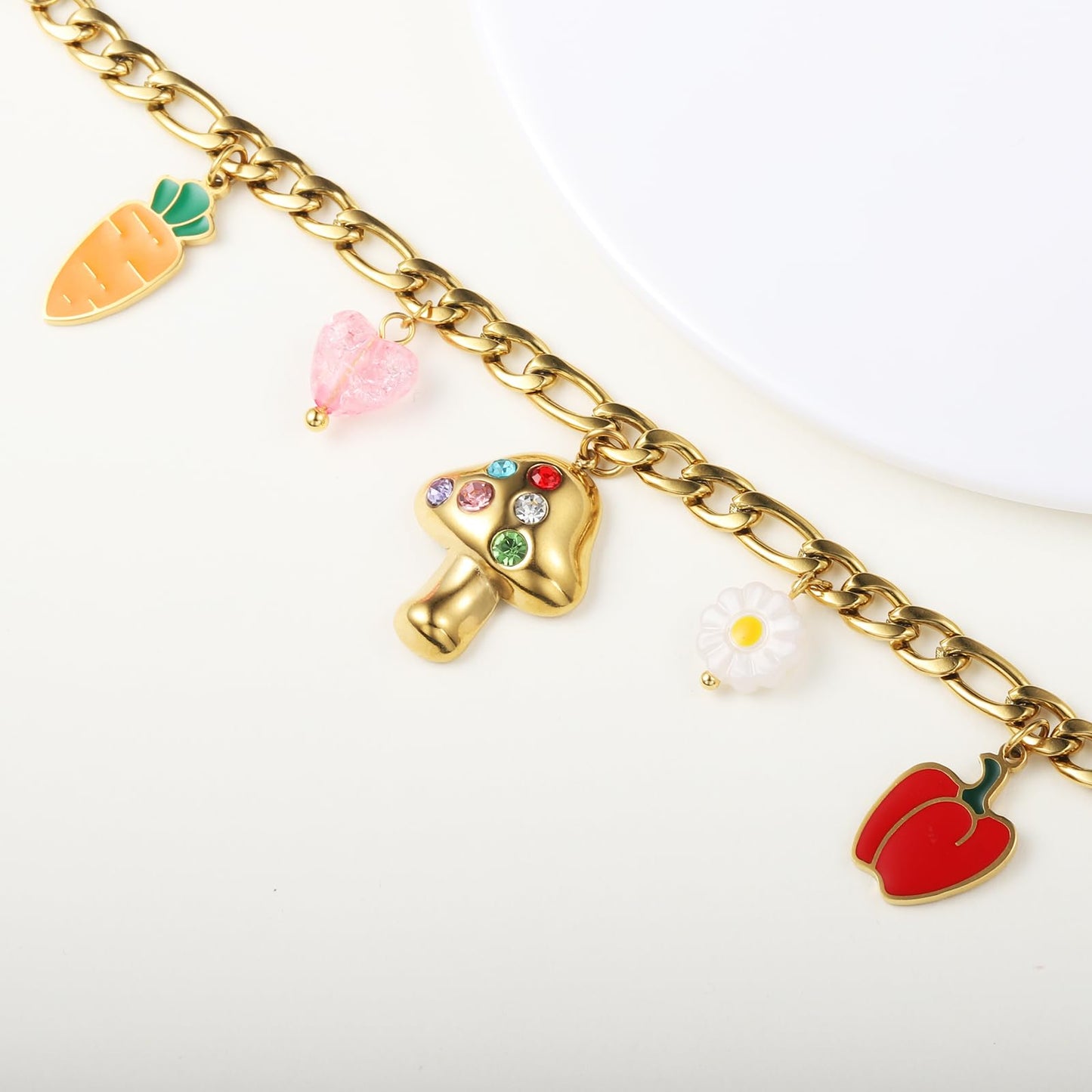 LCTrusttmor Gahna Mushroom Bracelets for Women, 18K Gold Plated Daisy Heart Carrot Red Bell Pepper Charms with Adjustable Chain Link for Women Jewelry Gifts