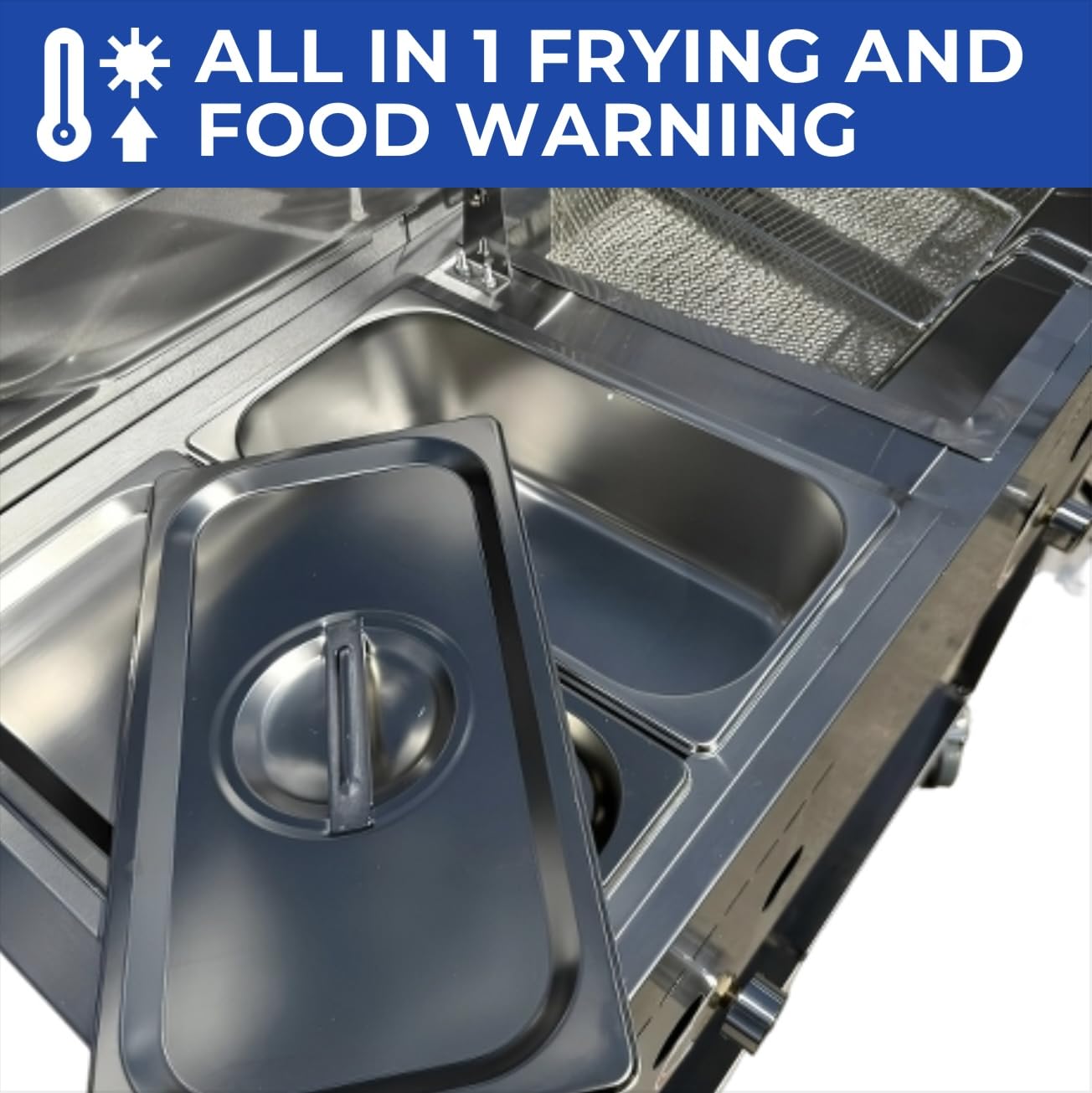 Deep Fryer Cart with 2 Baskets | 3 Gallon Single Tank | 2 Pan Steam Table | Portable 4 Wheel | Stainless Steel | Outdoor Propane Frying Cart for Chicken, Fish, & More | Commercial & Home