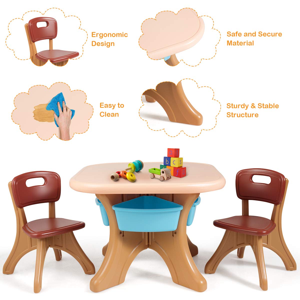 Costzon Kids Table and Chairs, 3 PCS Activity Desk Set w/ 4 Detachable Storage Bins for Indoor Outdoor Play Art Crafts Picnic Patio, Lightweight Toddler Table and Chair Set (Coffee & Blue)