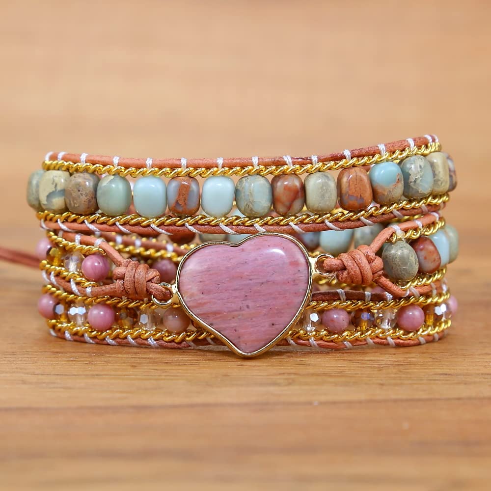 ZOSOJONA Women Wrap Bracelet Boho Natural Jasper Crystal Stone Beads Strand Bracelets (Rhodochrosite)
