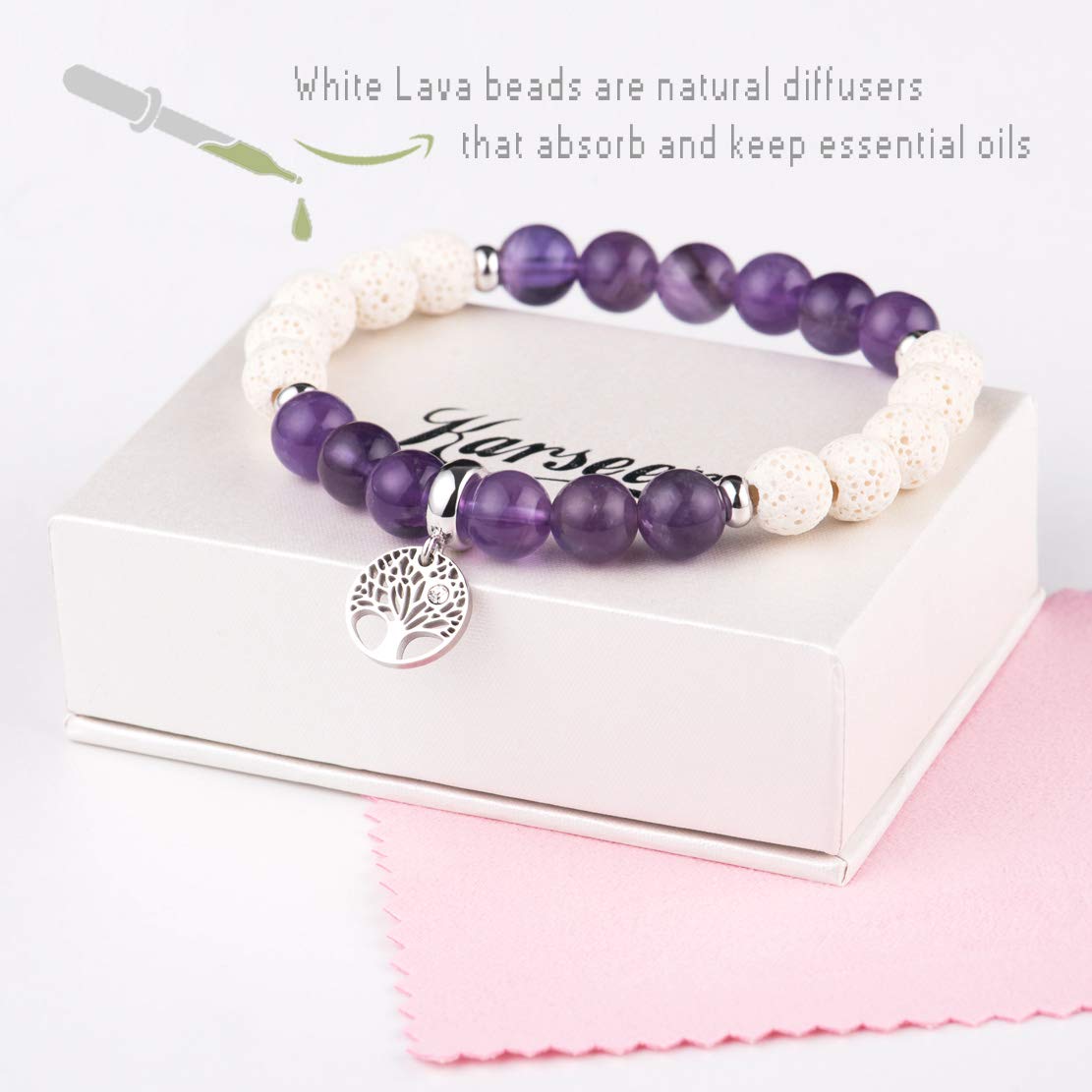 Karseer Tree of Life Charms Gemstone Beaded Bracelet Natural Crystal Amethyst White Lava Rock Essential Oil Diffuser Aromatherapy Bracelet for Women