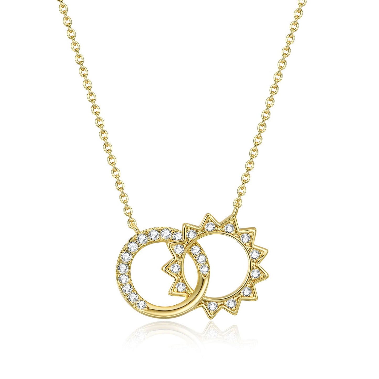 NUZON Moon and Sun Pendant Necklace for Women 18K Gold Plated Interlocking Circles Necklace Cubic Zirconia Celestial Hollow Crescent Moon Chain Choker Dainty Jewelry 16’’