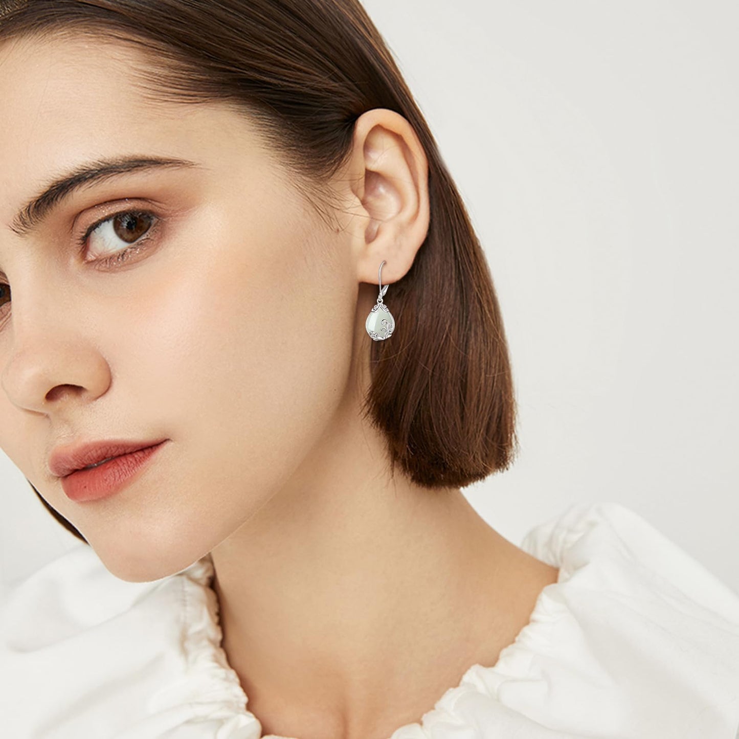 POPLYKE Jade Filigree Teardrop Drop Dangle Earrings Sterling Silver Leverback Earrings Jewelry for Women