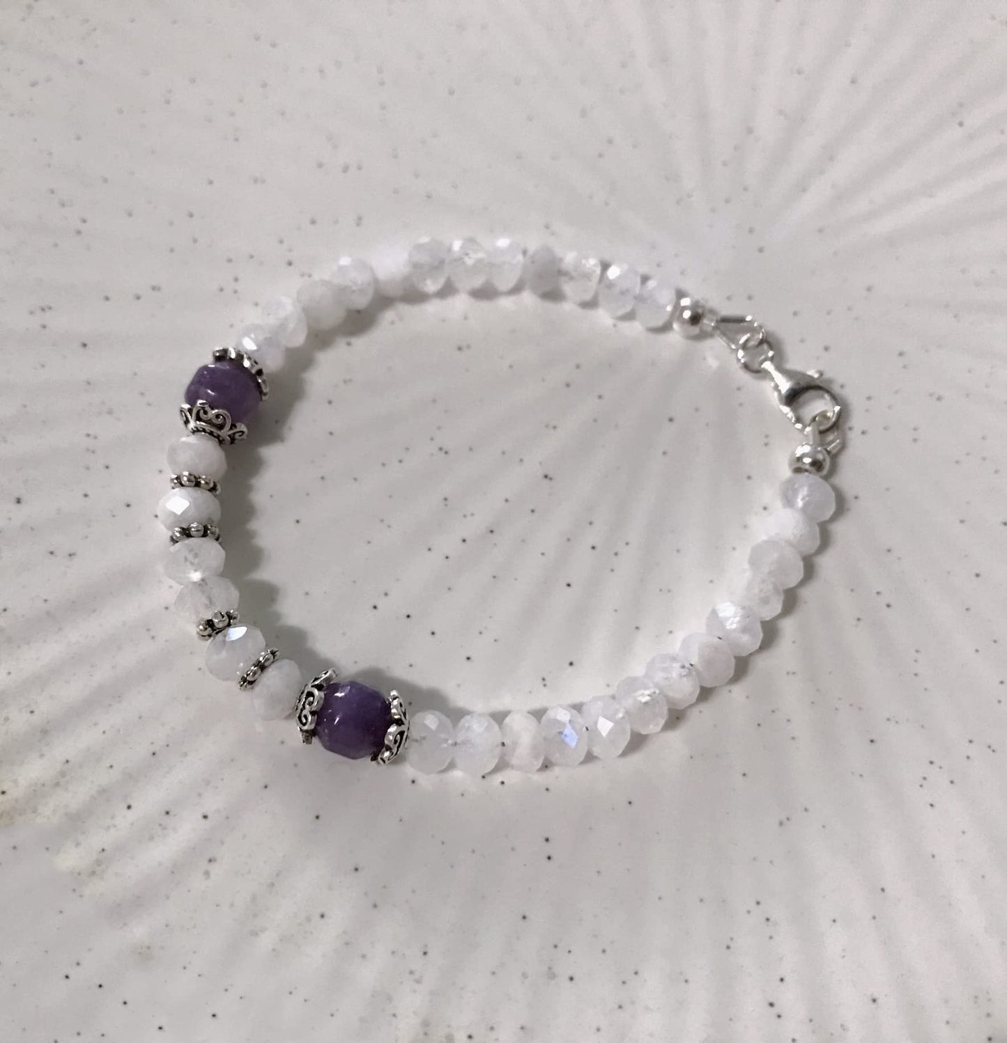 Customized 5mm Faceted Moonstone and Phosphosiderite Bracelet. Sterling Silver Accent Beads. New Beginning-Emotional Balance.