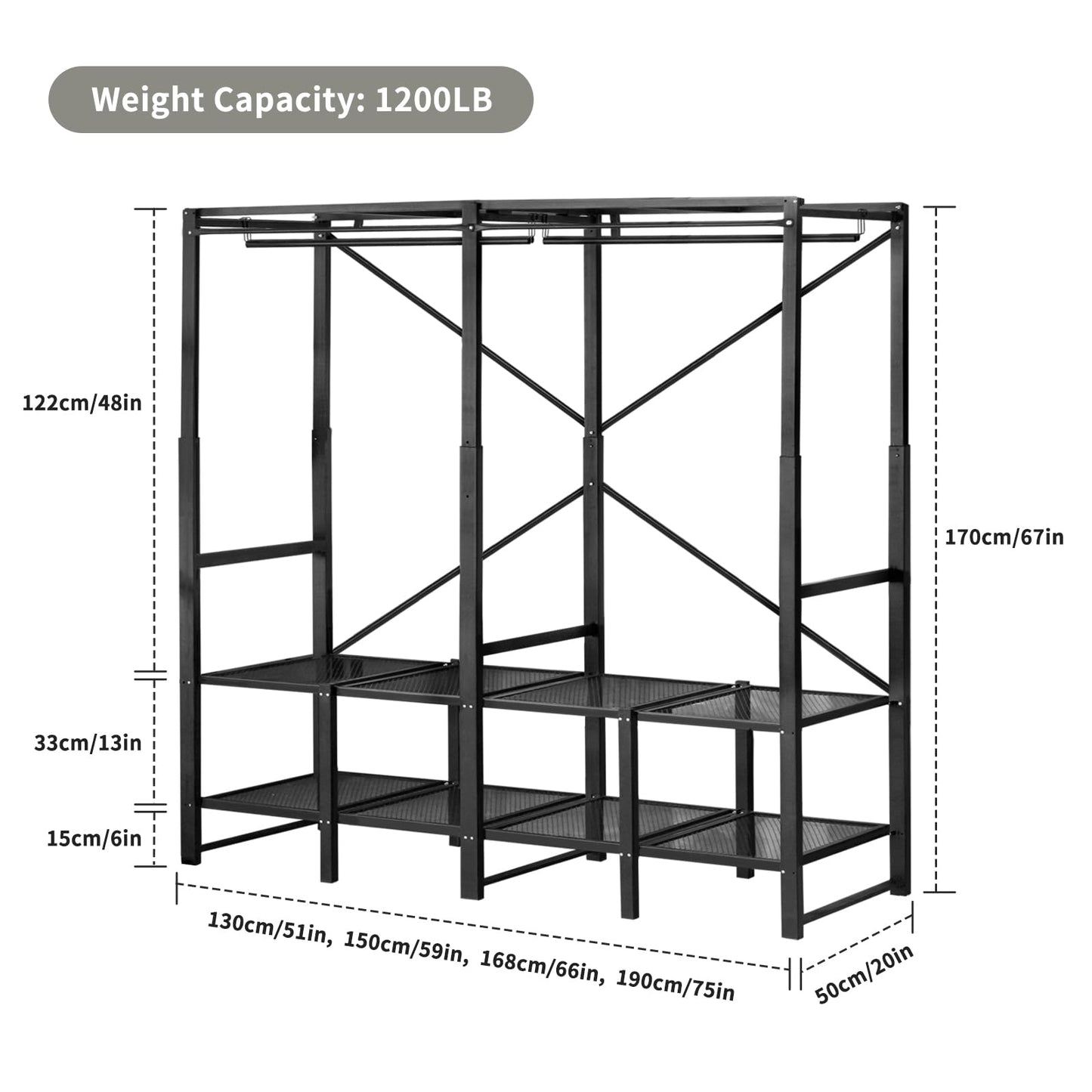 Portable Closet Rack Heavy-Duty Foldable Garment Racks with Cover 1200lbs Enclosed Wardrobe Closet with Independent Area for Hanging Clothes Storaging of Bedding (66in*20in*67in)