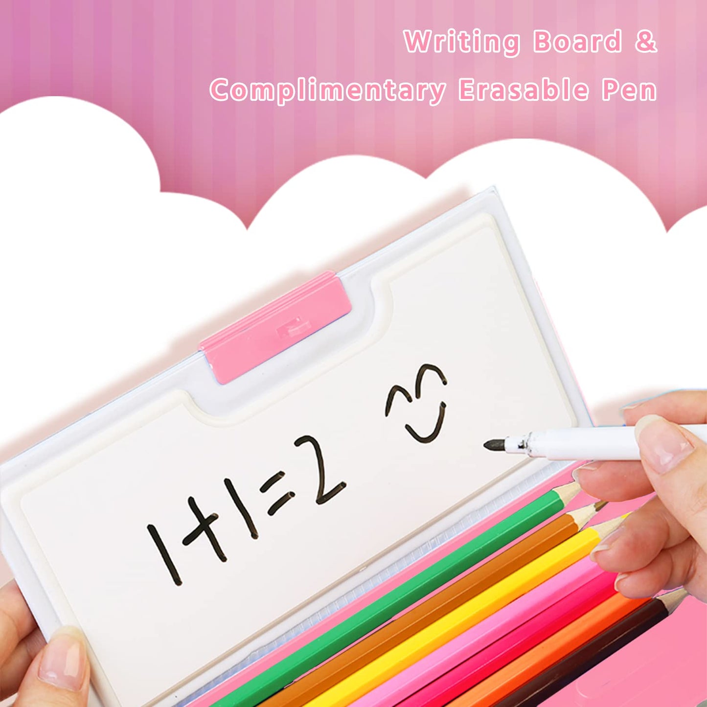 Pop Up Multifunction Pencil Case for Girls and Boys, Cute Cartoon Pen Box Organizer Stationery with Lock, Sharpener, Schedule, Whiteboard, School Supplies, Best Gifts for Kids Teens(Pink 2)