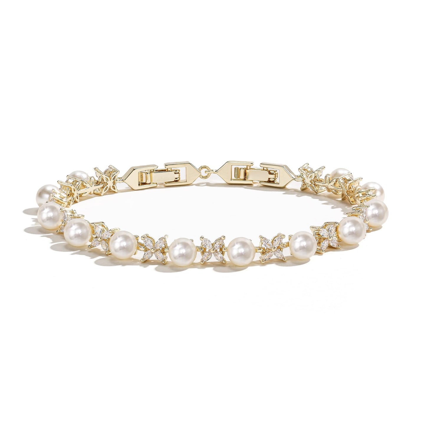 EVER FAITH Wedding Jewelry for Bride White Marquise Cubic Zirconia Cream Faux Pearl Floral Bridal Prom Tennis Bracelet for Women Clear Gold-Plated-Brass