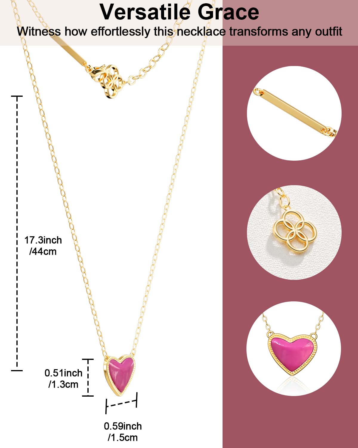 AICase 18K Gold Plated Heart Pendant Necklace for Women,Fashion Dainty Simple Adjustable Length Jewelry,Anniversary Birthday Gifts for Women/MoM/Sister/Friends/Her/Wife/Grandma/Coworker_Hot Pink