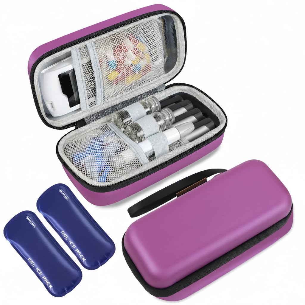 Insulin Cooler Travel Case, Portable EVA Medicine Travel Cooler, Diabetes Case with 2 Reusable Ice Packs TSA Approved for Diabetic Supplies Patent Pending(Purple-No Temp)