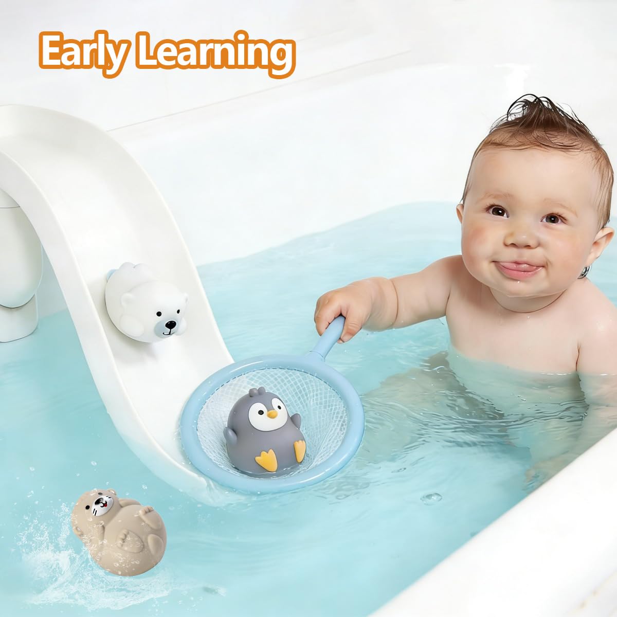Animals Slide Bath Toy Play Set with Fishing Net Baby Bath Toys for Boys and Girls 6+ Months - Suction Cup Toy Attaches to Shower Wall